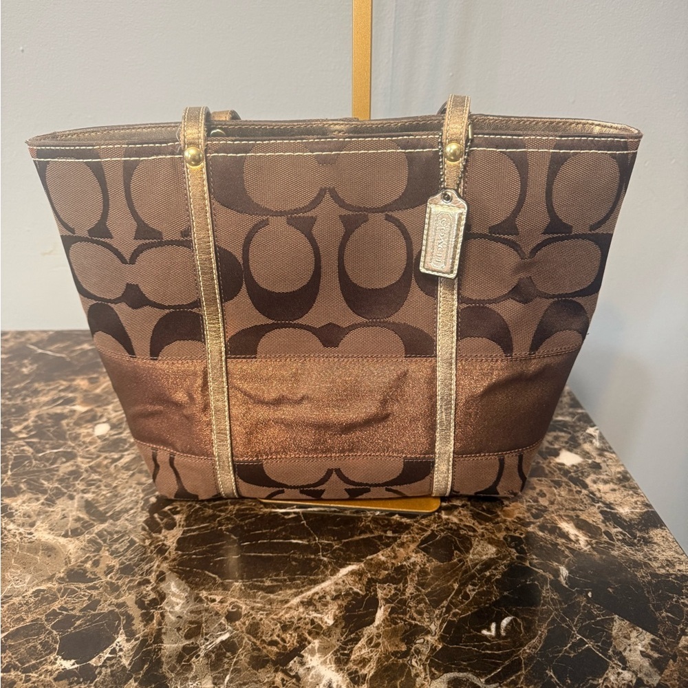 COACH Signature Stripe Tote Bag Brown Canvas Metallic Copper Trim Handbag - Picture 5 of 13